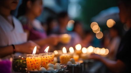 Candle light in thai temple,Thailand,selective focusの素材