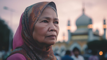 Portrait of a old muslim woman in front of the mosqueの素材