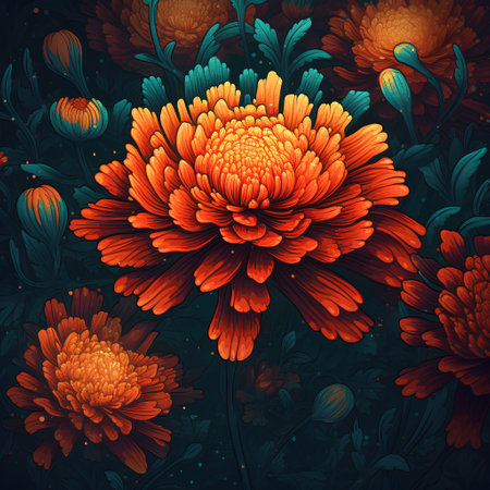 Bright orange chrysanthemum on dark background. Vector illustration.の素材