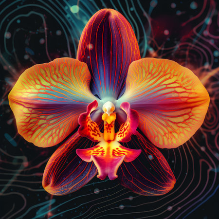 Orchid flower on a dark background. Close-up. 3D illustration.の素材