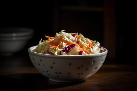 Fresh coleslaw salad in bowl on wooden table. Selective focus.の素材