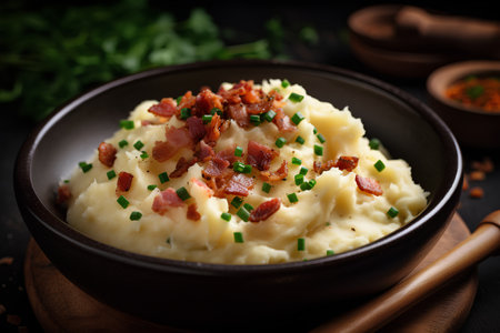 Mashed potatoes with bacon and herbs in a bowl on a dark background. Selective focus.の素材
