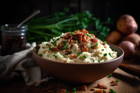 Mashed potato with bacon and onions in a ceramic bowl on a wooden background. Selective focus.の素材