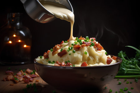 Mashed potatoes with bacon and cheese on a dark background. Selective focus.の素材