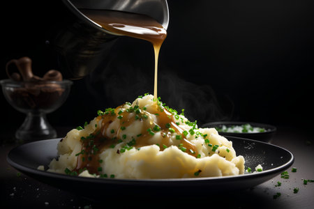 Mashed potatoes with butter and spices on a black background. Selective focus.の素材