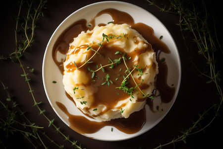 Mashed potatoes with caramel sauce and thyme on a dark backgroundの素材