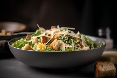 Fresh caesar salad with parmesan and croutons in a bowlの素材