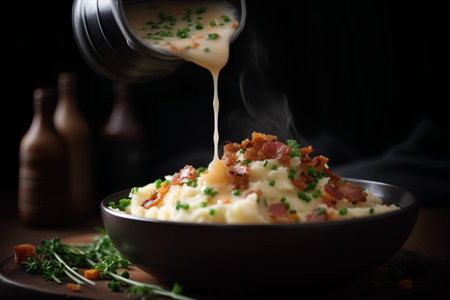Mashed potatoes with bacon and butter, selective focus, rustic styleの素材