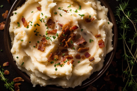 Mashed potatoes with bacon and herbs on dark background, top viewの素材