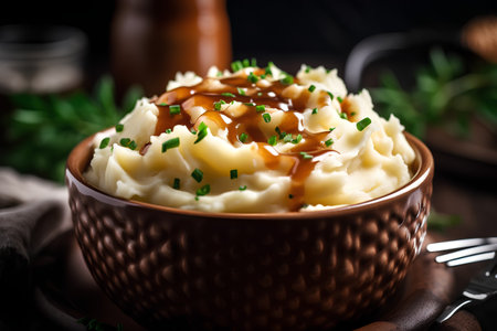 Mashed potatoes with caramelized onions in a bowl on a dark background. Selective focus.の素材