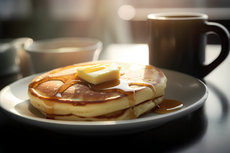 Breakfast with pancakes, butter and coffee in the morning light.の素材