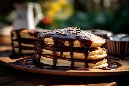 Stack of pancakes with chocolate syrup and dark chocolate on wooden plate.の素材