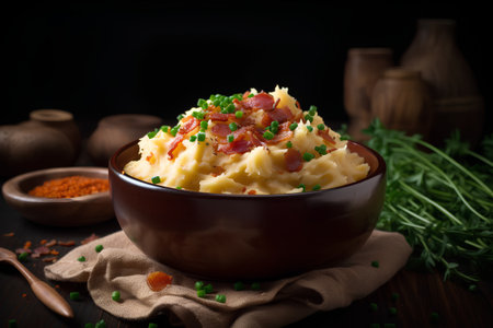Mashed potatoes with bacon in a ceramic bowl on a wooden background. Selective focus.の素材