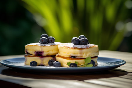 Cottage cheese pancakes with blueberries and mint on a plate.の素材