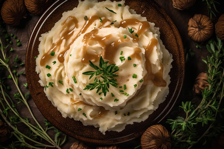 Mashed potatoes with caramel sauce and thyme on wooden background.の素材