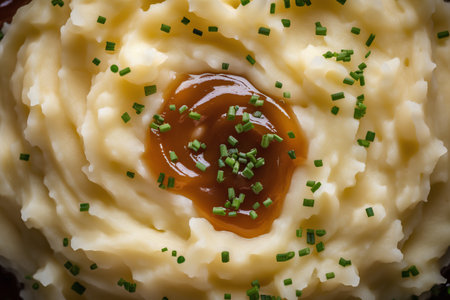 Mashed potatoes with chives and ketchup on a dark backgroundの素材