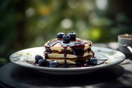 Delicious pancakes with blueberries and maple syrup on a plate.の素材