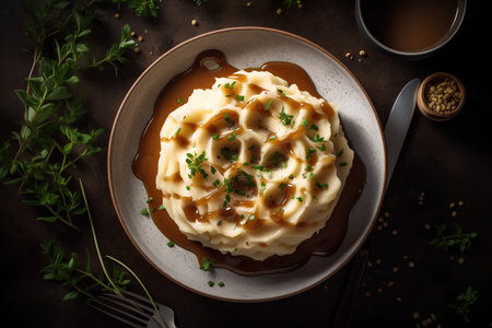 Mashed potatoes with sauce and thyme on a brown plate, top viewの素材