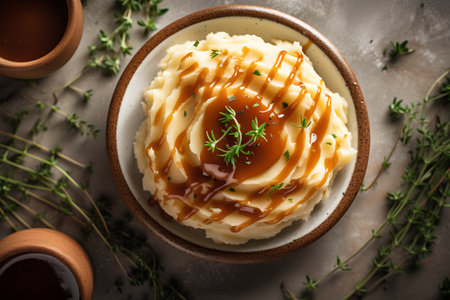 Mashed potatoes with caramel sauce and thyme in a ceramic bowlの素材