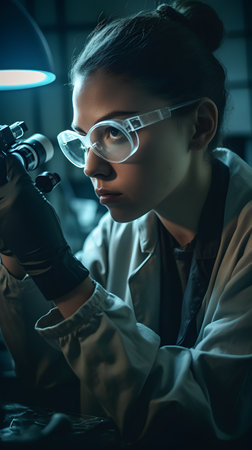 Female scientist looking through microscope in laboratory. Science and technology concept.の素材
