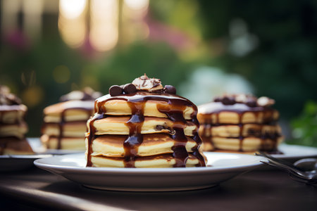Stack of pancakes with chocolate glaze on plate, shallow depth of fieldの素材