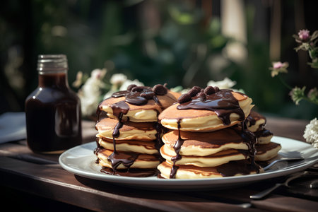 Pancakes with chocolate sauce on a wooden table. Toned.の素材