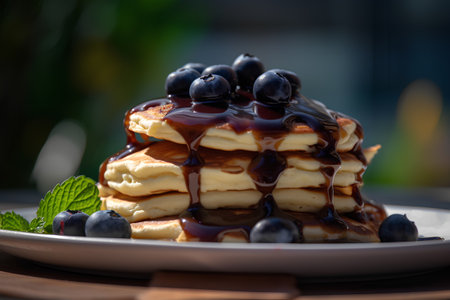 Pancakes with blueberries and maple syrup on a wooden tableの素材