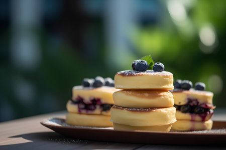 Cottage cheese pancakes with blueberries and maple syrup, selective focusの素材
