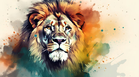 Lion head on colorful watercolor background. Digital art painting.の素材