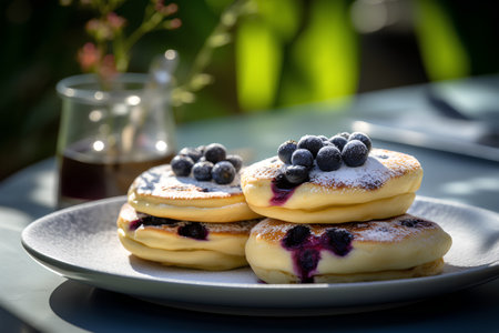 Pancakes with blueberries and currants on a plate.の素材