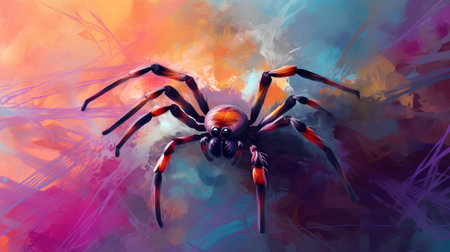 Spider on abstract colorful background. Digital art painting. Vector illustration.の素材
