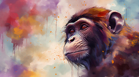 Chimpanzee on colorful watercolor background. Hand drawn illustration.の素材