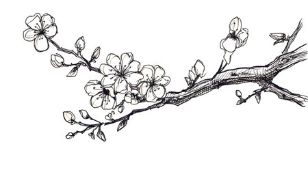 Sketch of cherry blossom branch. Hand drawn vector illustration.の素材