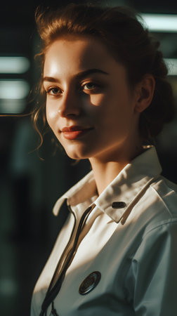 Portrait of a beautiful girl in a white coat on a dark background.の素材