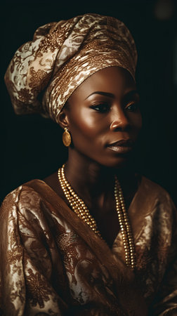 Portrait of a beautiful African woman in a turban. Beauty, fashion.の素材