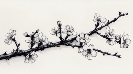 Hand drawn cherry blossom branch. Ink sketch. Vector illustration.の素材