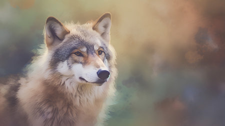 Portrait of a wild wolf in the forest. Digital painting.の素材