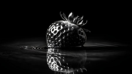 Strawberry on a black background with ripples and water dropsの素材