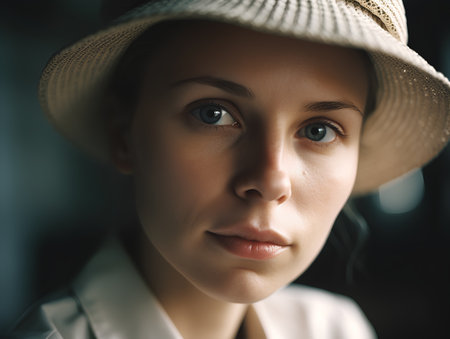 Portrait of a beautiful young woman in hat. Beauty, fashion.の素材
