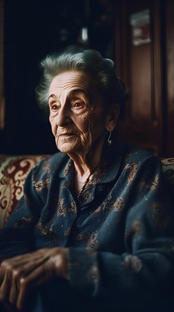 Portrait of an elderly woman sitting in a chair at home.の素材