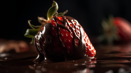 strawberry in chocolate on a dark background, close-upの素材