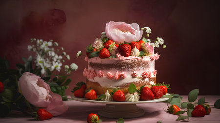 Strawberry cake with cream and flowers on a dark background.の素材