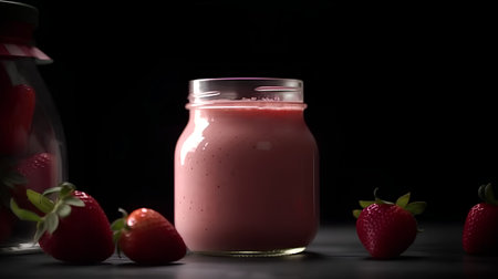 Strawberry smoothie in a glass jar on a black backgroundの素材