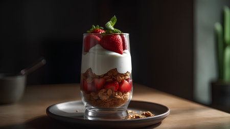 Greek yogurt with granola and strawberries in a glass on a wooden tableの素材