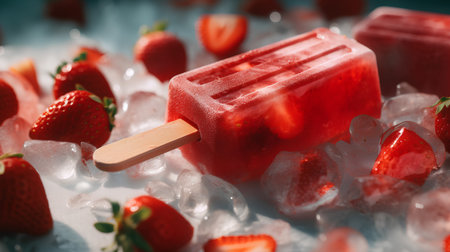 Strawberry ice cream popsicles with fresh strawberries on ice cubesの素材