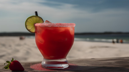 Strawberry margarita cocktail on wooden table with beach backgroundの素材