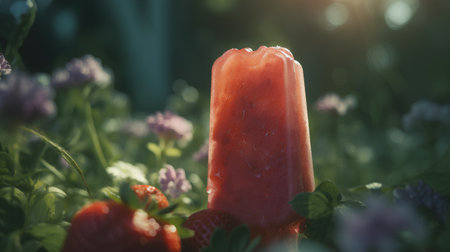 Strawberry ice cream on a stick on a background of green grassの素材