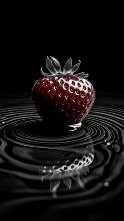 Strawberry on a black background with ripples and water dropsの素材