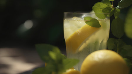 Lemonade with lemon and mint in a glass on a dark backgroundの素材