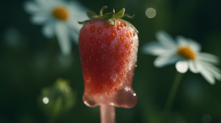 strawberry on a stick with daisies in the backgroundの素材